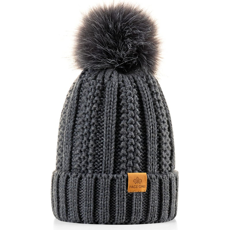 PAGE ONE Womens Winter Thick Cable Knit Beanie Faux Fur Pom Hat Fleece Lined Skull Cap Dark Gray - Image 1